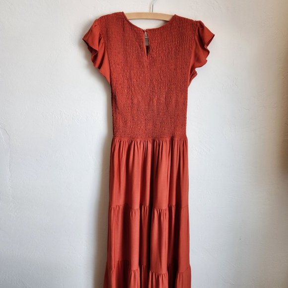 NEW! KYL smocked tiered dress with short ruffle sleeves in rust orange Size M - Picture 9 of 13